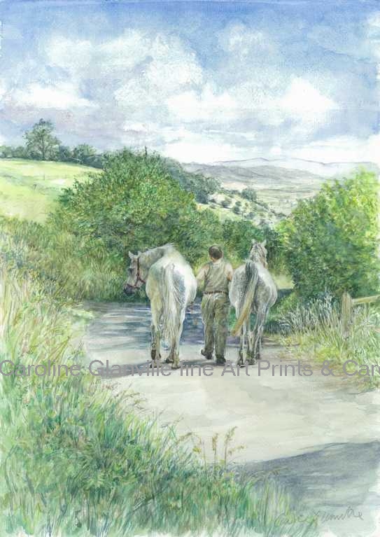 horses in a country lane, painting by Caroline Glanville 